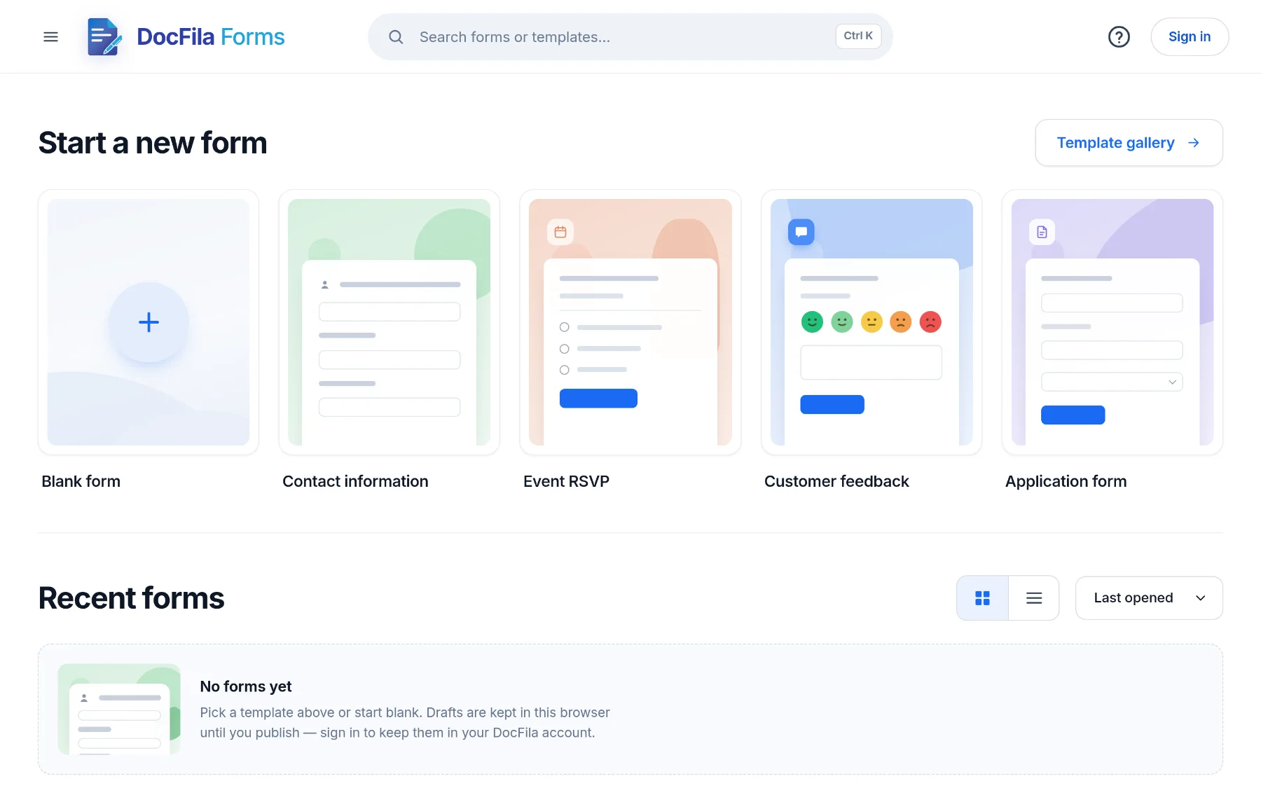 The DocFila Forms home with templates for contact information, event RSVP, customer feedback and applications
