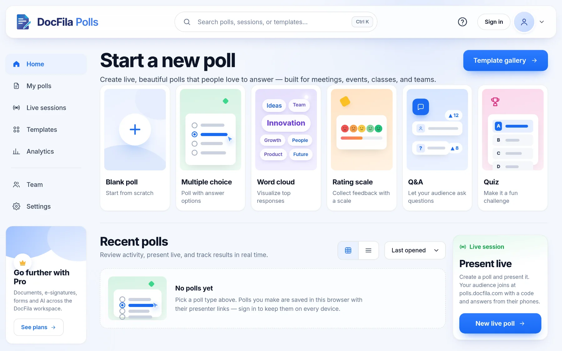 The DocFila Polls home with poll types: multiple choice, word cloud, rating scale, Q&A and quiz